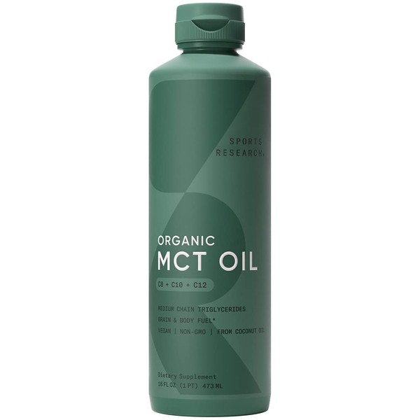 Sports Research Organic MCT Oil - Keto & Vegan MCTs C8, C10, C12 from Coconuts - Fatty Acid Brain & Body Fuel, Flavorless, Non-GMO & Gluten Free - Perfect in Coffee, Tea & Protein Shakes - 16 oz