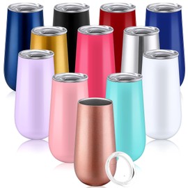 Reallnaive 12 Pack Stemless Insulated Champagne Flute Tumbler with Lid, 6 Oz Double Insulated Reusable Cocktail Champagne Wine Glass Tumbler, Gift for Family Birthday Party Wedding, Multicolor