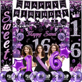 Purple Sweet 16 Birthday Decorations for Girls Purple Black 16th Birthday Banner Hanging Swirls Sweet 16 Porch Banner Backdrop Purple 16th Birthday Balloons Sash for Sweet Sixteen Birthday Party