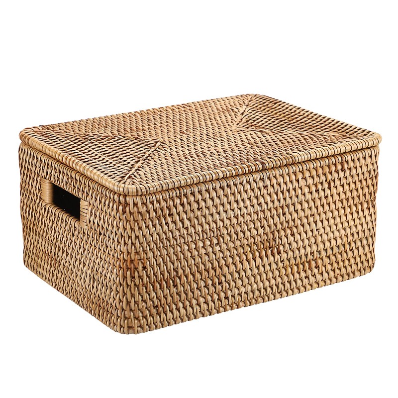 Hipiwe Rattan Basket With Lid Rectangular Lidded Basket Natural Hand-Woven