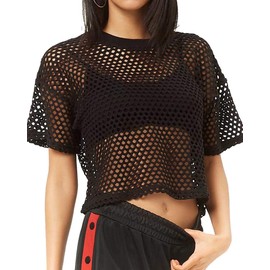 CLOZOZ Women's Mesh Net See Through Fishnet T-Shirt Crop Top (X-Large, Black)