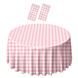 SietDESEO 2 Pack Pink Gingham Tablecloth Round 84 x 84 Pink and White Checkered Table Cloth Disposable Plastic Table Cover for Party Outdoor Picnic Wedding Pink Plastic Tablecloth