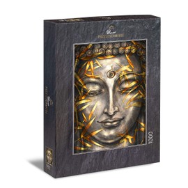 Ulmer Puzzleschmiede - Puzzle "Buddha in Silver and Gold" - Classic 1000 Piece Adult Puzzle - Balanced Puzzle Motif with Buddha Head - Clear Lines Harmonize with Golden Shades