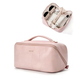 Yikisite Travel Makeup Bag, Women's Open Flat Cosmetic Bags, Waterproof Portable Pouch Toiletry Bag Waterproof Travel Essentials Organizer with Divider (Pink)