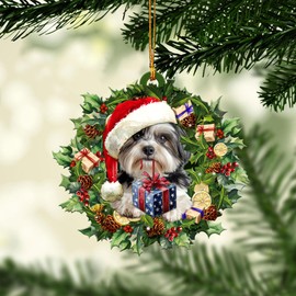 Talataca Lhasa Apso 2D Flat Christmas Ornament, Lhasa Apso Wearing A Christmas Hat Wreath Pine Tree Decor, Hanging House Charm Eve Keepsake, Car Rear View Mirror Accessories, Xmas Gift