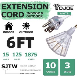 YOJOE 3-Outlets Indoor Outdoor Extension Cord with Lighted End, 3 Prong 15A Weatherproof Power Cord, 10 Gauge Heavy Duty 6 ft White Extension Cord Multiple Outlets, 10/3 SJTW UL Listed