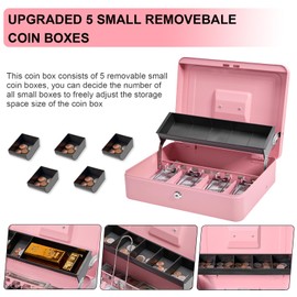 Sgorlds Cash Box Metal Money Box with Tray & Key Lock,Tiered Locking Cash Boxes,Durable Lock Safe Box with Key,4 Bill 5 Coin Slots,Cantilever Design,Large (Large, Pink)