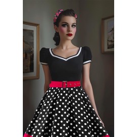AXOE Women's Polka Dot Rockabilly Vintage Dress with Belt, Party Dress, black/white