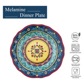 UP UPware Fiesta Floral Melamine Dinner Plate Set, Round Plates for Main course, Pasta, and Salad, BPA-Free, Dishwasher Safe, Multicolor, 11 Inch, Set of 6