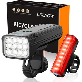 KELNOW Bike Lights for Night Riding, 12 LED 60H Runtime Super Bright Aluminum Bicycle Light Front and 40H Runtime Taillight, IPX6 USB Rechargeable LED Headlight Rear Light Adult