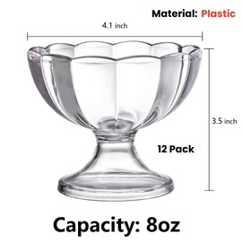 Mezchi Set of 12 Ice Cream Bowl Set, 8 Ounce Plastic Dessert Bowls, Clear Footed Dessert Cups, Ice Cream Cups Bowls for Sundae, Milkshakes, Parfait, Pudding, Fruit