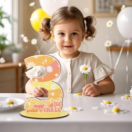 CORNER LACE Groovy 3rd Birthday Number Sign Centerpiece, Young Wild and Three Themed Wooden Table Decoration Yellow Orange Pink, Three Years Old Birthday Parties Photo Props Supplies Decor