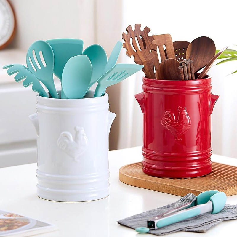 WAIT FLY Embossed Rooster Porcelain Kitchen Utensil Holder Flatware Storage
