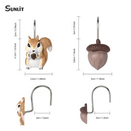 Sunlit Fall Autumn Decorative Shower Curtain Hooks, Chipmunk Acorn Shower Curtain Rings, Resin, Brown Cute Bathroom Curtain Hangers Decoration, Set of 12