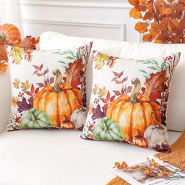 Artscope Fall Decorative Throw Pillow Covers 16x16 Inch Set of 2, Watercolor Pumpkin Fallen Leaves Outdoor Farmhouse Pillow Cases for Home Sofa Couch-Orange