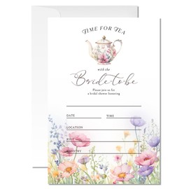 ZYQFN 20 Time For Tea With The Bride To Be Invitations, Floral Tea Party Theme Invite Cards with Envelopes, 4x6 Inch Fun Bridal Shower Invites. (067)