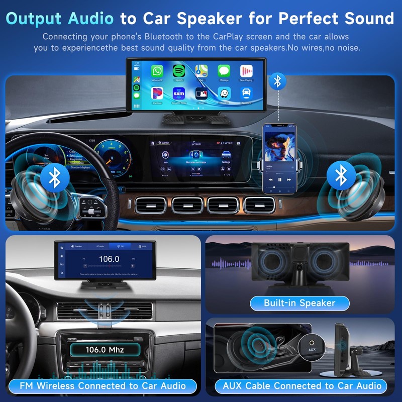 Podofo 10.26" Wireless CarPlay Car Stereo with 1080P Backup Camera,