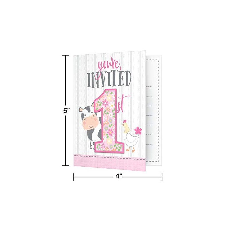 Creative Converting 340137 Barn Animals 1st Birthday Pink Invitation Card