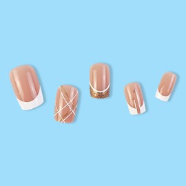 24Pcs French Press on Short Square Fake Nails With Gold Line Design - White French Tip False Acrylic Gradient Glue on Full Cover Stick on for Women Girls