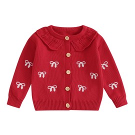 Geagodelia Toddler Baby Girl Warm Sweater Cardigans Long Sleeve Bow Embroidery Knitted Sweatshirt Pullovers Button Down Knit Jackets Jumpers Chunky Knitwear Fall Winter Clothes (Red, 12-18 Months)