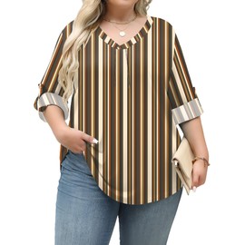 TFSDOD Summer Tops for Women 2025 Fashion Trends 3/4 Length Sleeve Womens Tops V Neck T Shirts Printed Brown Stripe XXL