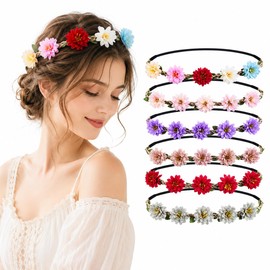 6 Pcs Flower Crown for Women Girls, Hippie Floral Wreath Headband, Boho Floral Headband for Wedding, Birthday, Festival Party, Photo Shoot & Daily Wear (Multicolor B)