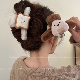 Cute Cartoon Toast & Onigiri Plush Hair Claw Clip for Women - New Autumn/Winter Collection Free Size / Large White Toast 20ea