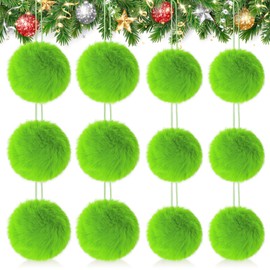 FYSUIMU 12Pcs Lime Green Furry Christmas Ball Ornament Soft Faux Fur Pompom Ball Xmas Tree Hanging Decoration for Winter Party Home Decor Costume Supplies