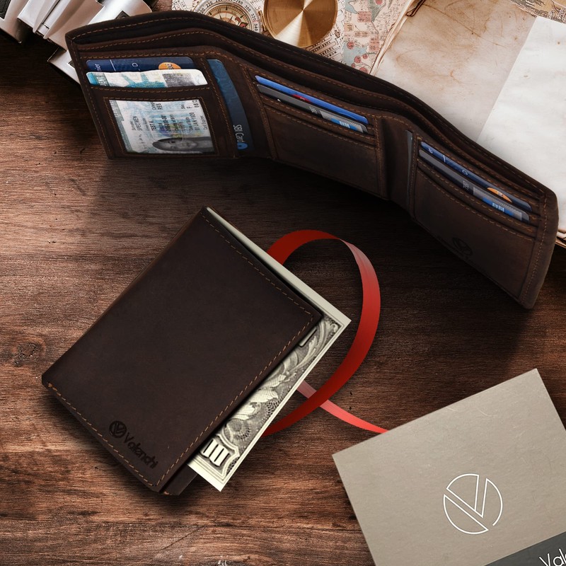 VALENCHI Leather Trifold Wallet For Men - RFID Blocking -