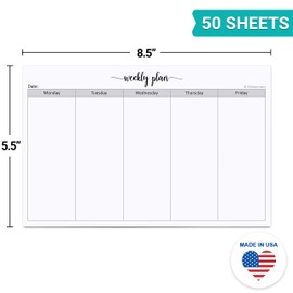 321Done Weekday Planning Notepad (8.5" x 5.5") Small 50 Sheets for Work Week – Monday through Friday M-F Planner Weekly Days of Week Paper Memo Note Pad, Planner Organizing - Made in USA - Simple