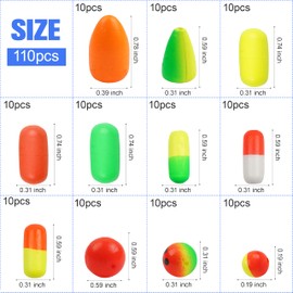 110Pcs/Box Fishing Rig Floats Foam Bullet Floats Buoyancy Ball Fishing Float Bobber Oval Foam Floats for Trout Catfish Walleye Crawler Harness