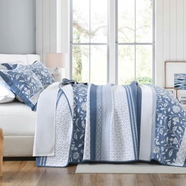 DDUOXIN Farmhouse Botanical Queen Quilt Set - 100% Cotton Quilts with 2 Pillow Shams, 3 Piece Bedspread Lightweight Bedding Sets for All Seasons, Blue/White/Gray, Queen(90" W x 98" L)