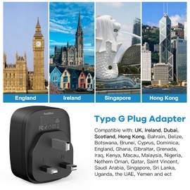 UK Travel Adapter, AUS to UK Plug Adapter with 2 USB C, Type G Travel Plug Adapter for England Singapore Ireland Scotland Kenya London Irish Hong Kong, Travel Essentials, Cool Black