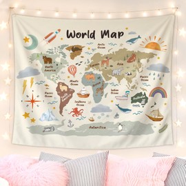 Lacama World Map Classroom Tapestry Wall Hanging for Kids, World Maps for Wall， Animal Continents Wildlife Educational Geography Learning Wall Blanket Decor for Toddler Nursery Playroom, 50x60inch