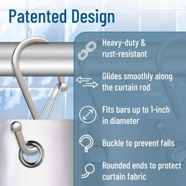 Blau Marité Set of 12 Silver Metal S Hook Shower Hooks 1” – Closed, Heavy Duty, Long Decorative Shower Curtain Hooks, Easy Glide, Buckle, Large Rust Resistant Rings for Bathroom Rods (Silver, S)