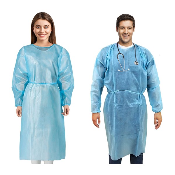 MEDICAL NATION 100 Pack Disposable Isolation Gowns - Blue Level 2 SMS 40gsm Non-Woven Material - PPE Gowns Disposable for Dental, Medical Use, Fluid-Resistant and Latex-Free Gowns, Universal Size