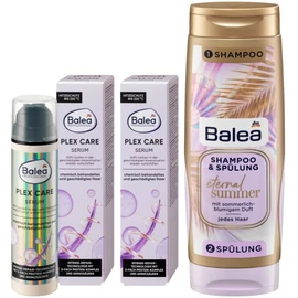 Balea Set of 3 hair care: Professional leave-in serum plex care strengthens damaged hair, builds, smooths the hair structure (2 x 50 ml) + twin pack ETERNAL SUMMER shampoo and conditioner (300 ml), 400 ml