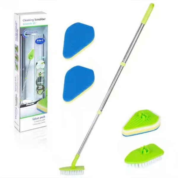 Klbblxs Tub Cleaner Brush with Long Handle,2 in 1 Cleaning Brush Tub and Tile Scrubber Brush Sponge with 35'' 180°Adjustable Stainless Metal Handle Shower Brush for Cleaning Bathtub Shower Scrubber.