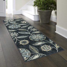 Maples Rugs Reggie Floral Runner Rug - Made in USA - Washable, Non Slip Mats for Kitchen, Hallway, and Laundry Room, 2' x 7', Persian Blue