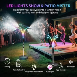 Patio Mister For Outside - LED light Music Sync Color Changing Strip Lights w/Remote App Control RGB Strip, 4 Nozzles, Adjustable Riser Tube (Up To 47in), 26.2Ft Waterline Stand Misting Cooling System