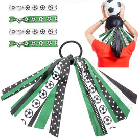 MatFirsmo Soccer Hair Accessories for Girls Women, Green Black Hair Ribbons Streamer Soccer Ponytail Holders and No Crease Elastic Hair Tie Bracelets, Soccer Gifts for Players Cheerleader Fans (5Pcs)