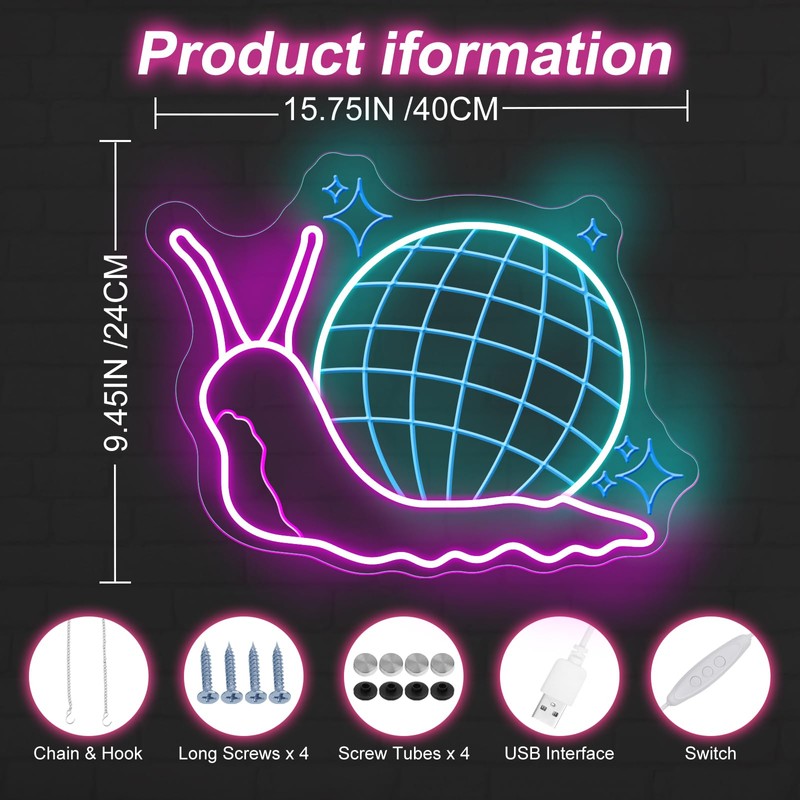 Disco Ball Snail Neon Sign, LED Wall Light for Bedroom
