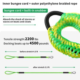 DockMoor Bungee Dock Lines for Boats Marine Mooring Lines Boat Rope for Docking with Loop and Clip Accessories for Jet Ski, PWC, Pontoon, Kayak, SeaDoo, WaveRunner (green-2pack)