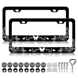 Black White Butterfly License Plate Frames - 2 Pack Butterflies Floral License Plate Holder Covers,Stainless Steel Rust-Proof Waterproof Car Decorative Tag Frame for Standard US 12x6 Inch