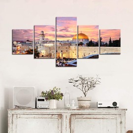Jerusalem Modern Painting on Canvas Wall Art Islamic Wall Art Mosque Muslim Prints Art Home Decor for Living Room Pictures 5 Pieces Multi Panels HD Printed Painting Framed Ready to Hang (50''Wx24''H)