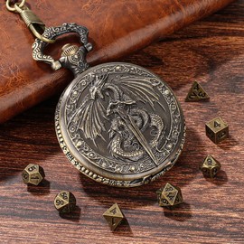 DragonSword D&D Dice Set with Pocket Watch Case, 7PCS Metal Dice Set for Dungeons and Dragons, Mini Dice Set with Pocket Watch Case, Role Playing Board Games Accessories (Gold)