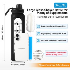 RhythmFit Glass Shaker Bottle 34oz/1L Black Glass Protein Shaker Bottle With Shaker Ball Large Shaker Bottles for Protein Mixes Portable Powder Mixer Blender Water Bottle for Gym Workout Sports