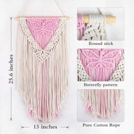 LB Macrame Wall Hanging, Pink Butterfly Tapestry Wall Hanging Decor Boho Art Wall Decor Bohemian Handmade Yarn Macrame Wall Art for Living Room Apartment Office Backdrop,13" W x 25.6" L