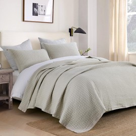 PANGUSHAN Quilt Set Queen Size, 100% Cotton Quilt Bedding Set Bedspread, Pick-Stitch Handcrafted Solid Color Chic Lightweight Quilted Comforter for Queen Bed, Light Beige, All Season, 3 Pieces