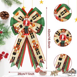 Whaline Christmas Wreath Bow Red Green Nutcracker Burlap Bow with Pendant Xmas Tree Topper Ornaments Gift Bow for Christmas Party Supplies Home Wall Door Fence Decoration, 11 x 16.5inch